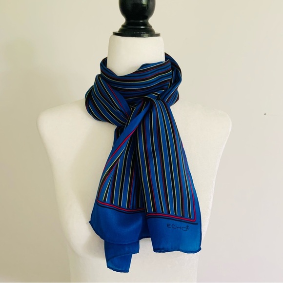ECHO royal blue striped silk scarf - Picture 6 of 6